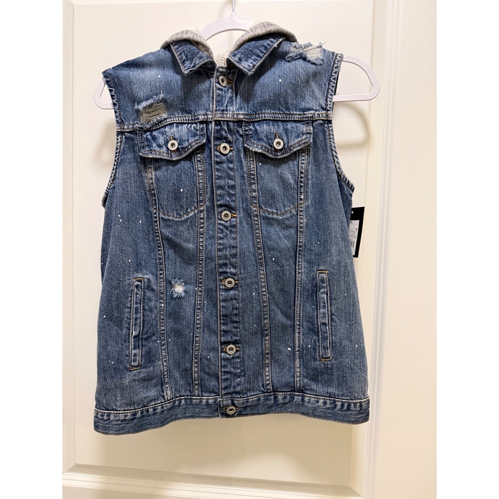 Art Class Womens XL Blue Distressed Hooded Denim Vest Paint Splatter Sleeveless